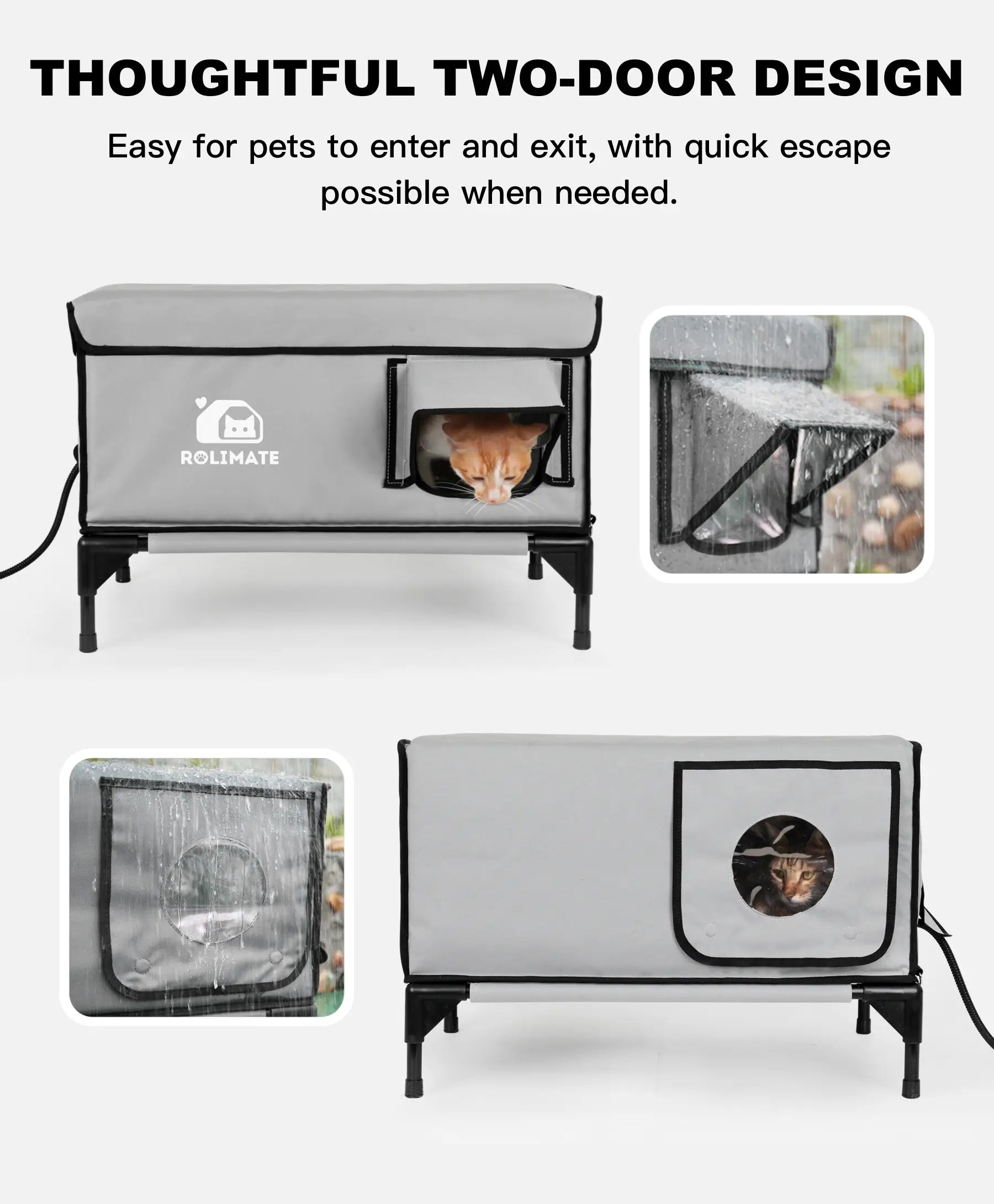 Rolimate All-Weather Elevated Heated Outdoor Cat Shelter - Dual Entry with Lift-Top Design