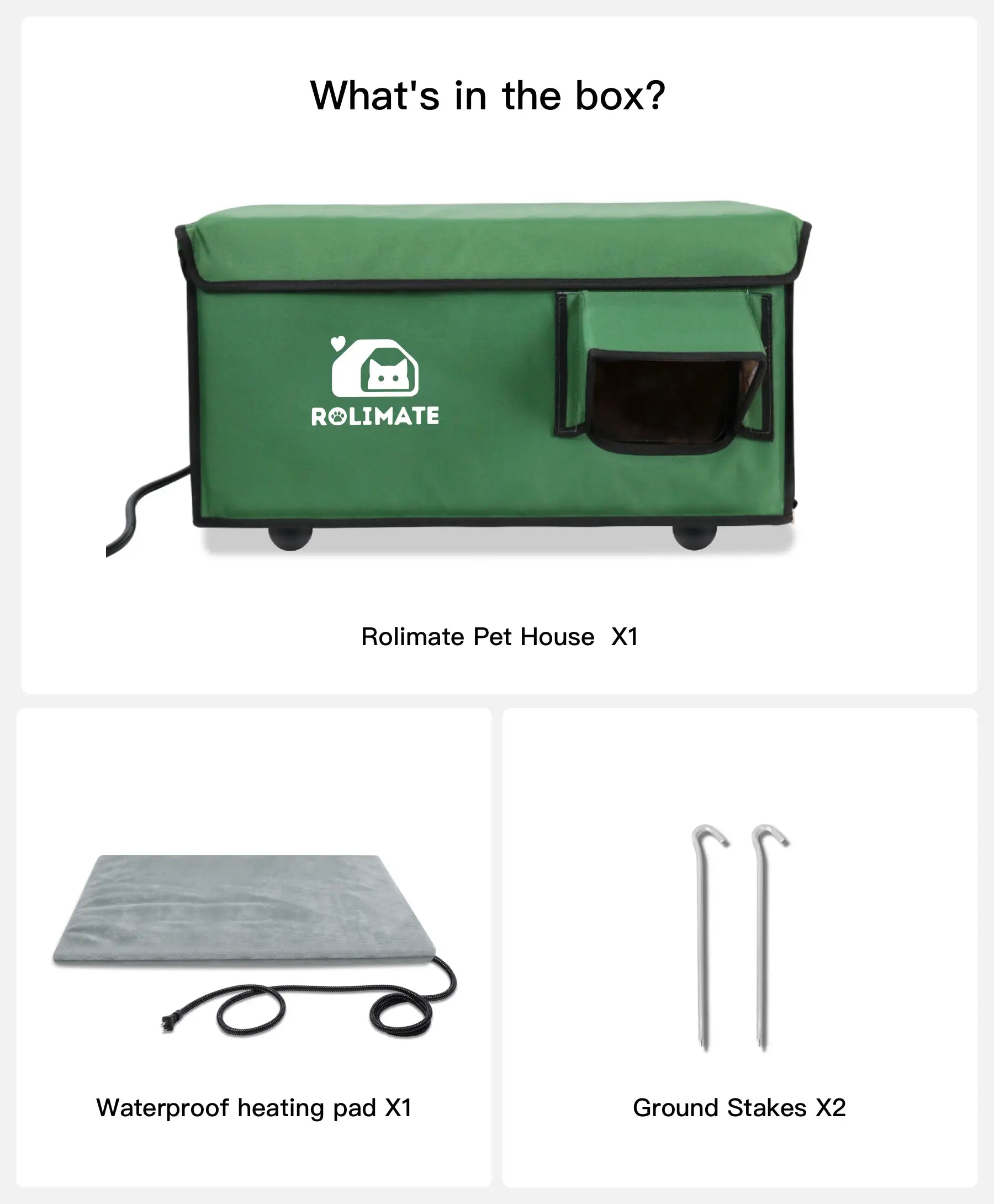 Rolimate Portable Heated Cat House - Green Outdoor Shelter with Heating Pad