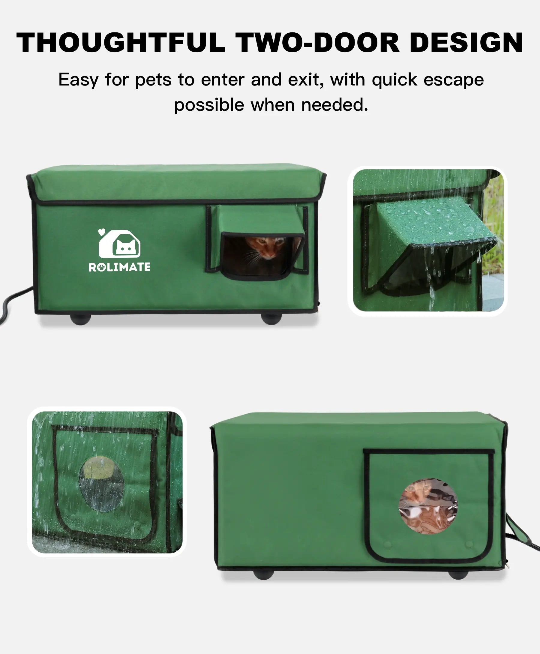 Rolimate Portable Heated Cat House - Green Outdoor Shelter with Heating Pad