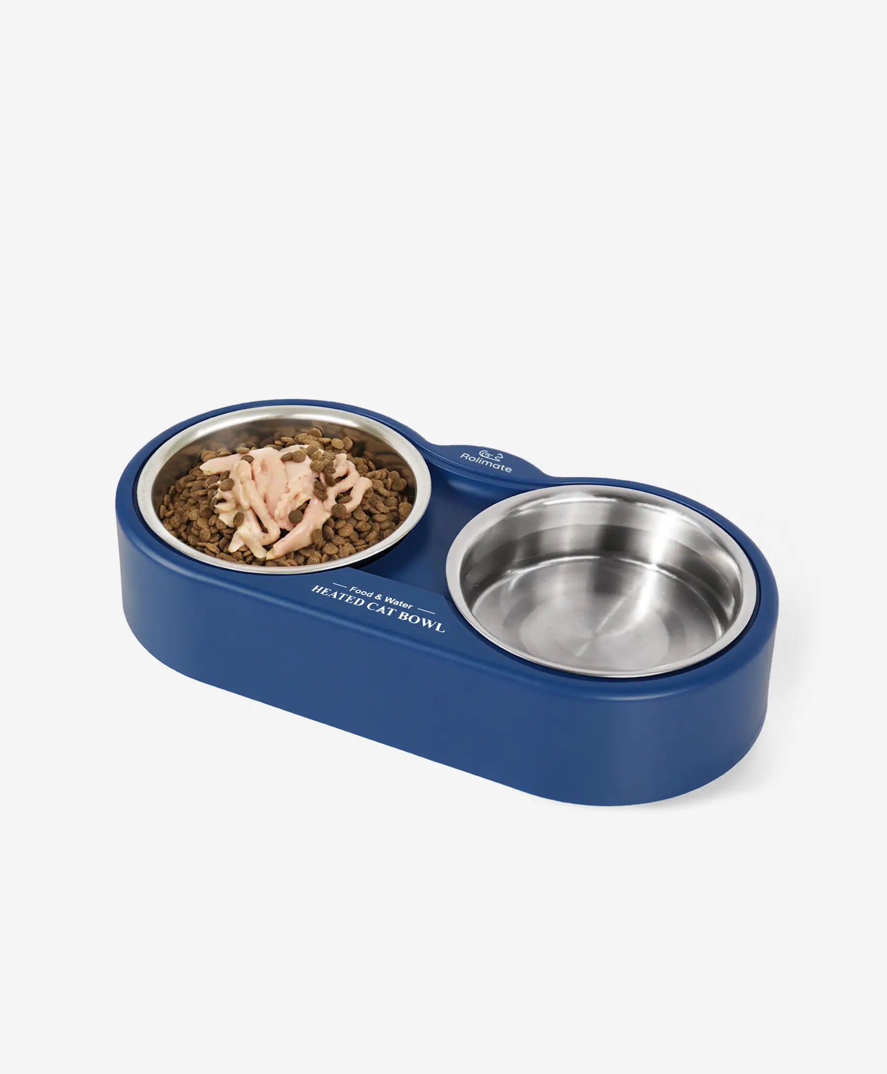 Rolimate dual heated pet bowl with removable stainless steel dishes for easy cleaning.