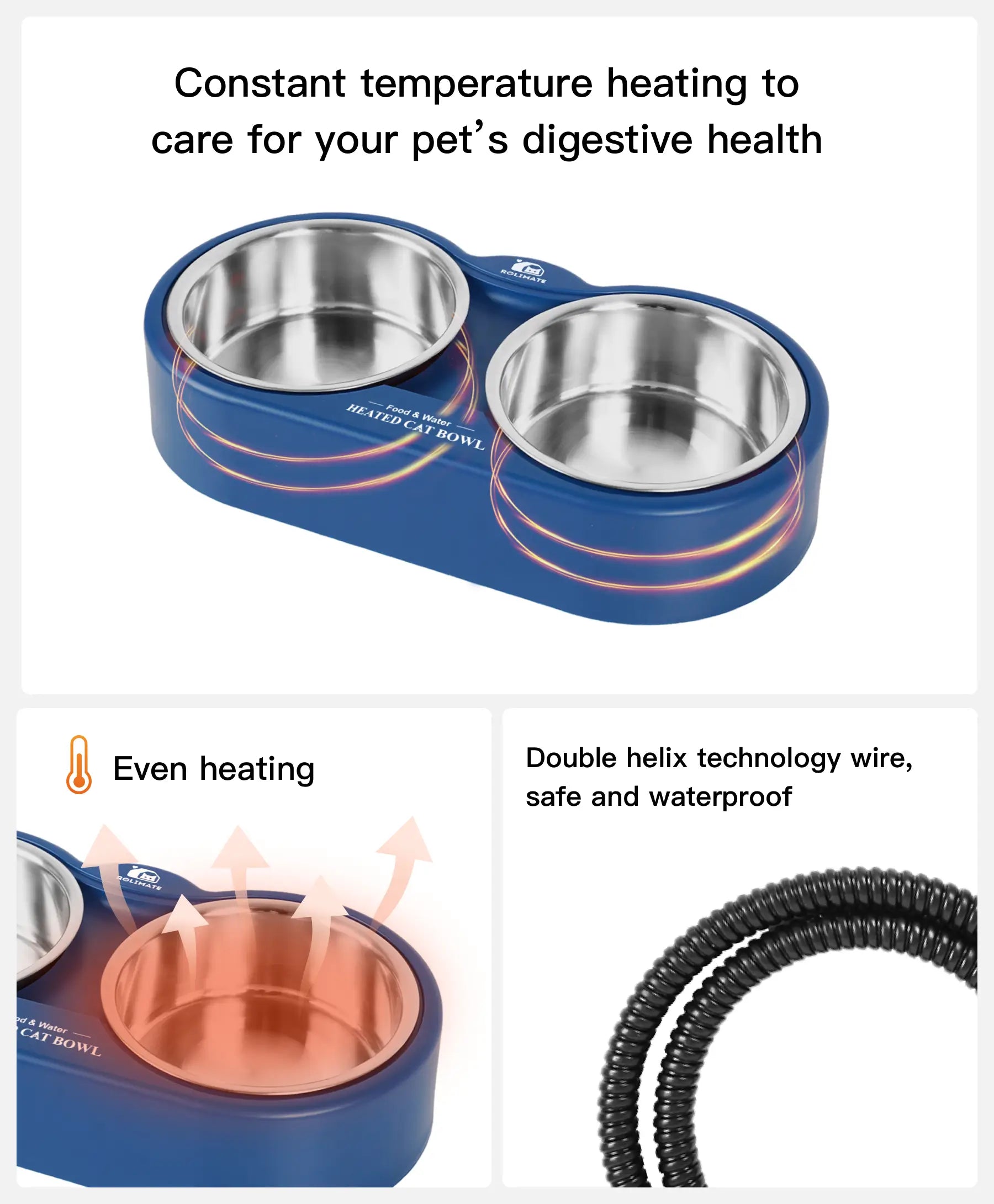 Rolimate Dual Stainless Steel Heated Pet Bowl - Warm Food & Water for Cats and Dogs