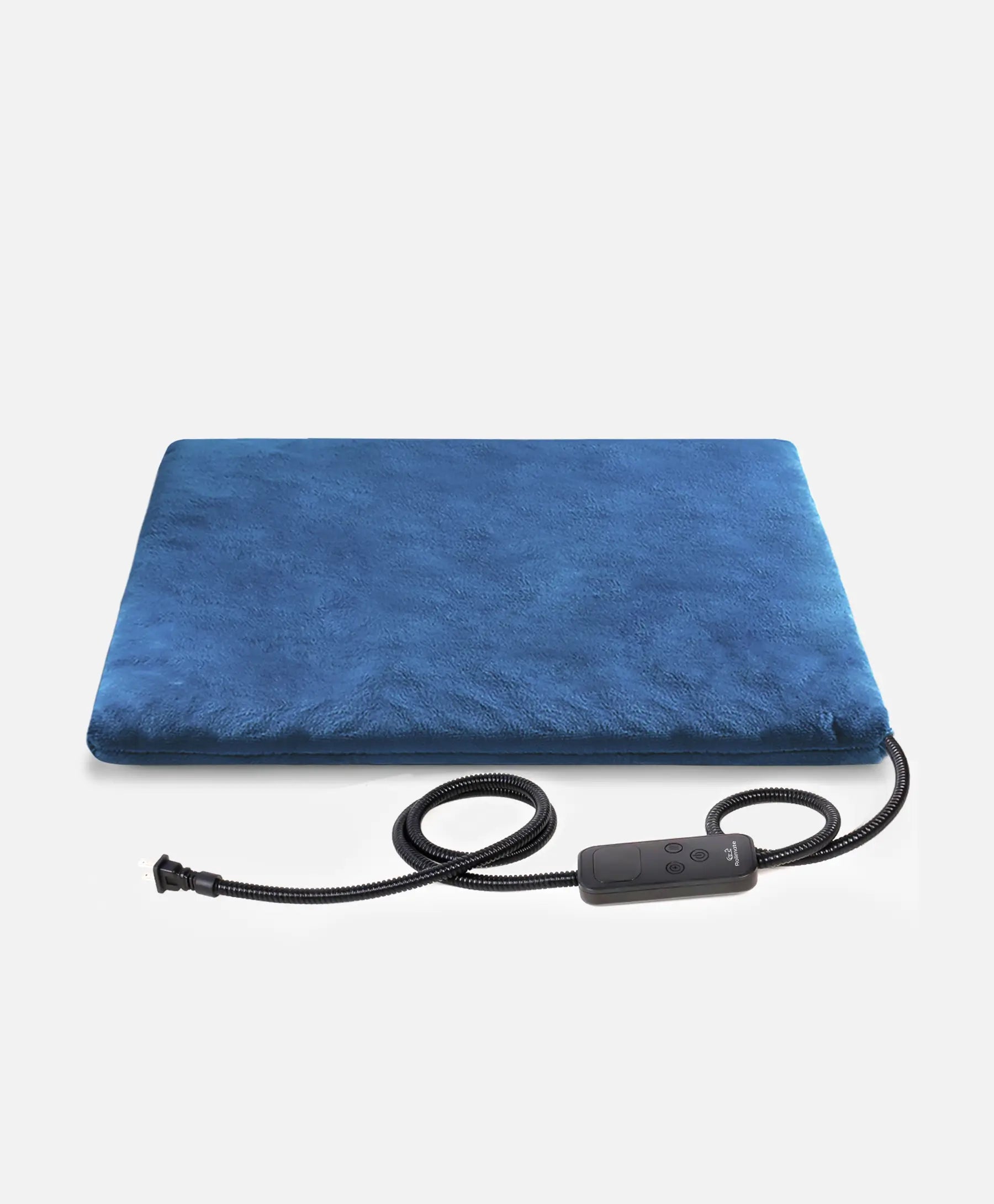 Waterproof Rolimate heated pet pad with soft velvet cover and chew-resistant cord.