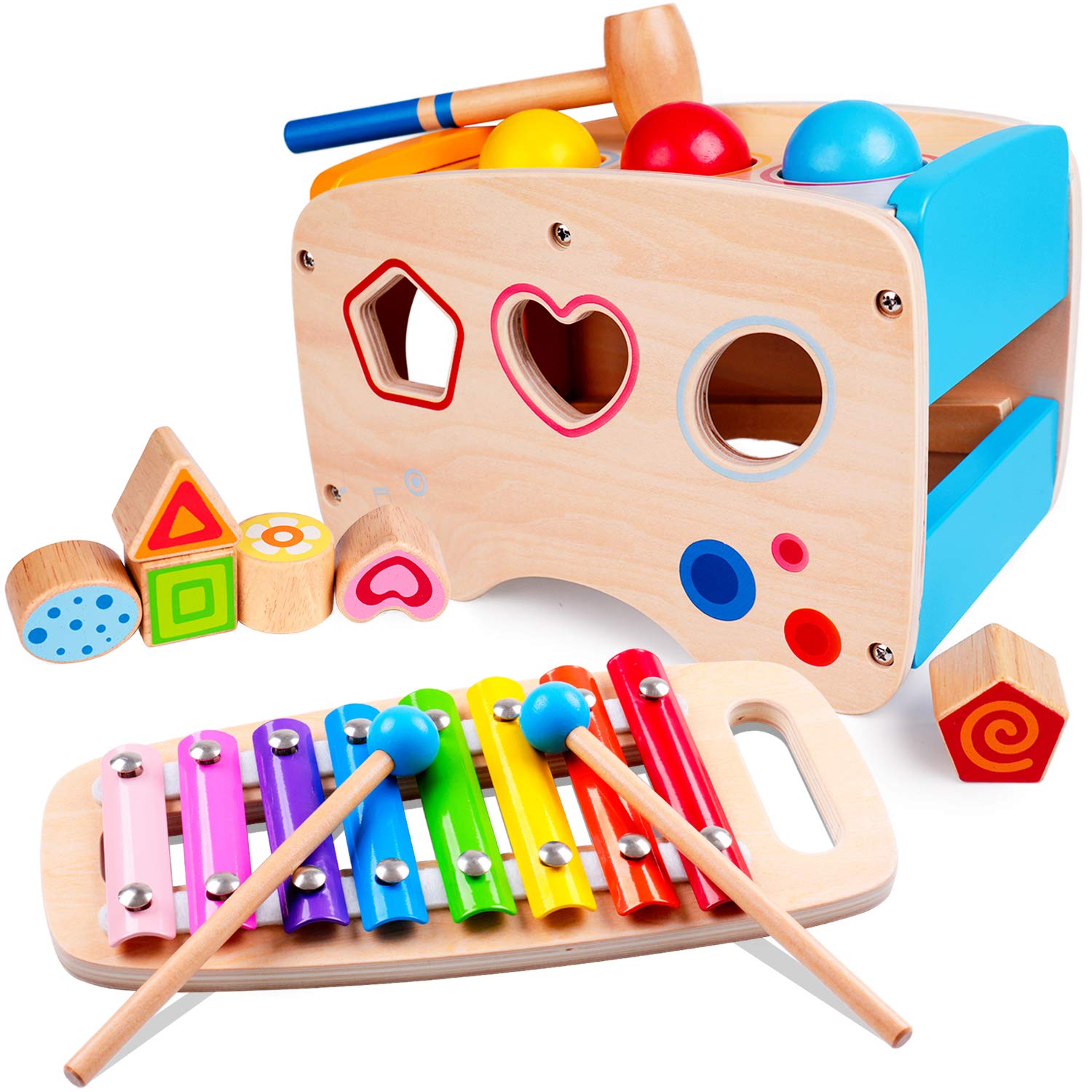 Clock 5-in-1 Kids Educational Wooden Toys with Pounding Bench Mirror and Sliding Montessori Early Development Toy Gift for Toddler Boys Girls Gear Nukied Wooden Hammering Pounding Toy 